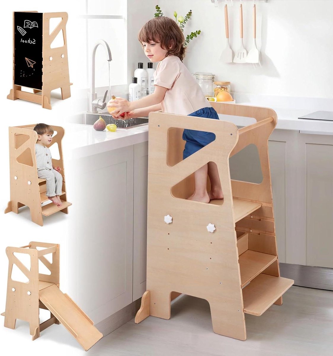 Image of 3-in-1 Montessori Leertoren met Glijbaan en Verstelbare Hoogte - Krijtbord en Multifunctionele Leerstoel voor Kinderen vanaf 1 jaar