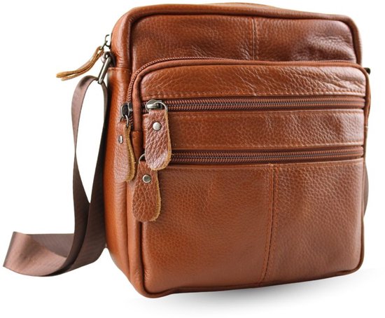 Fana Bags Kleine Leren Schoudertas Cognac - Crossbody Tas Heren Leer - Mannen Tas - Leren Schoudertas Heren / Dames