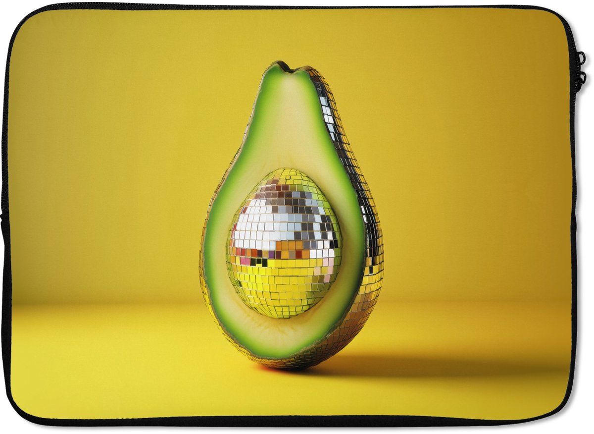 Laptophoes 14 inch - Avocado - Discobal - Geel - Glitter - Laptop sleeve - Binnenmaat 33x23 cm - Zwarte achterkant