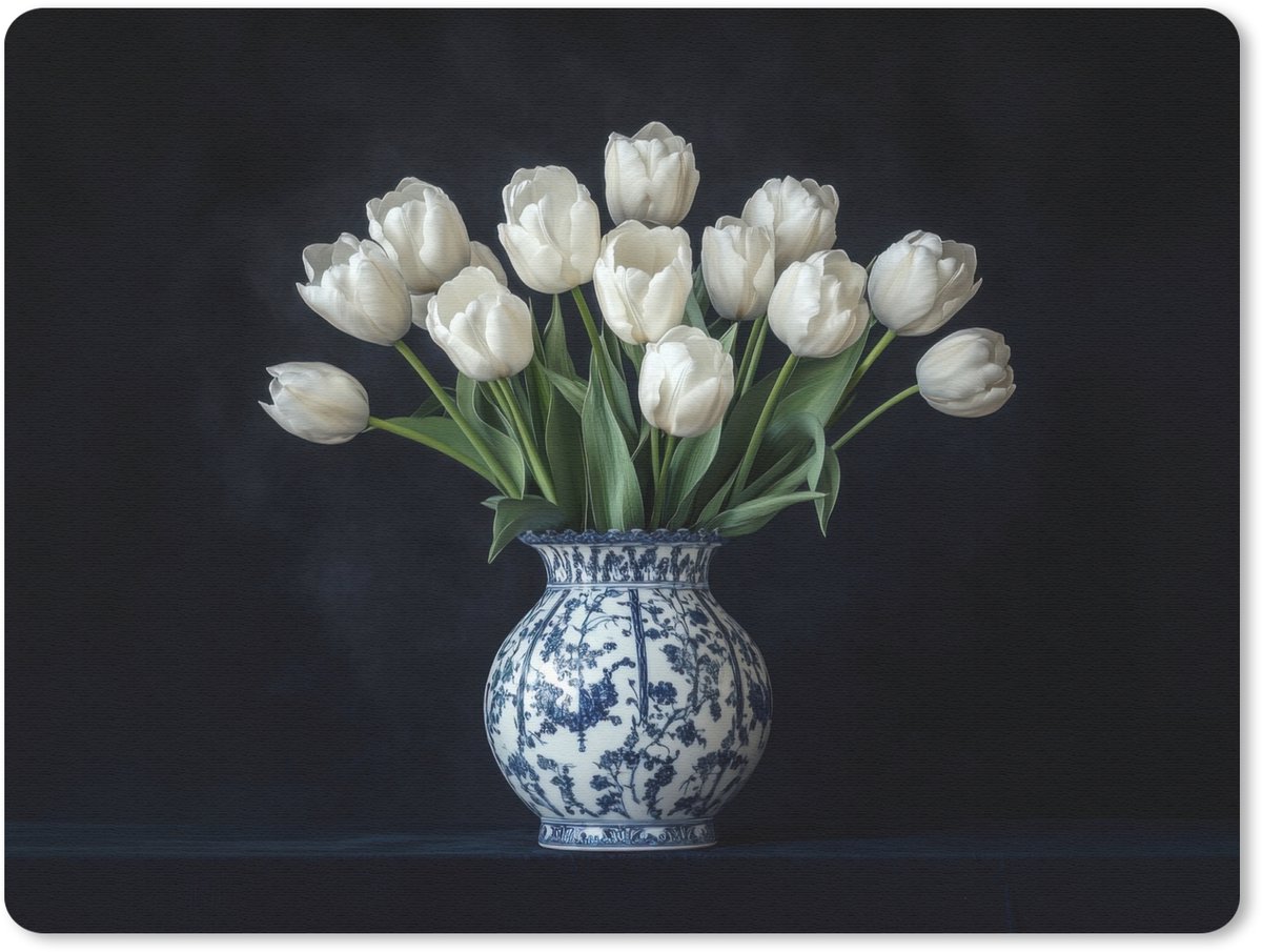 Muismat 23x19 cm - Mousepad Wit - Bloemen - Tulpen - Vaas - Muismatten