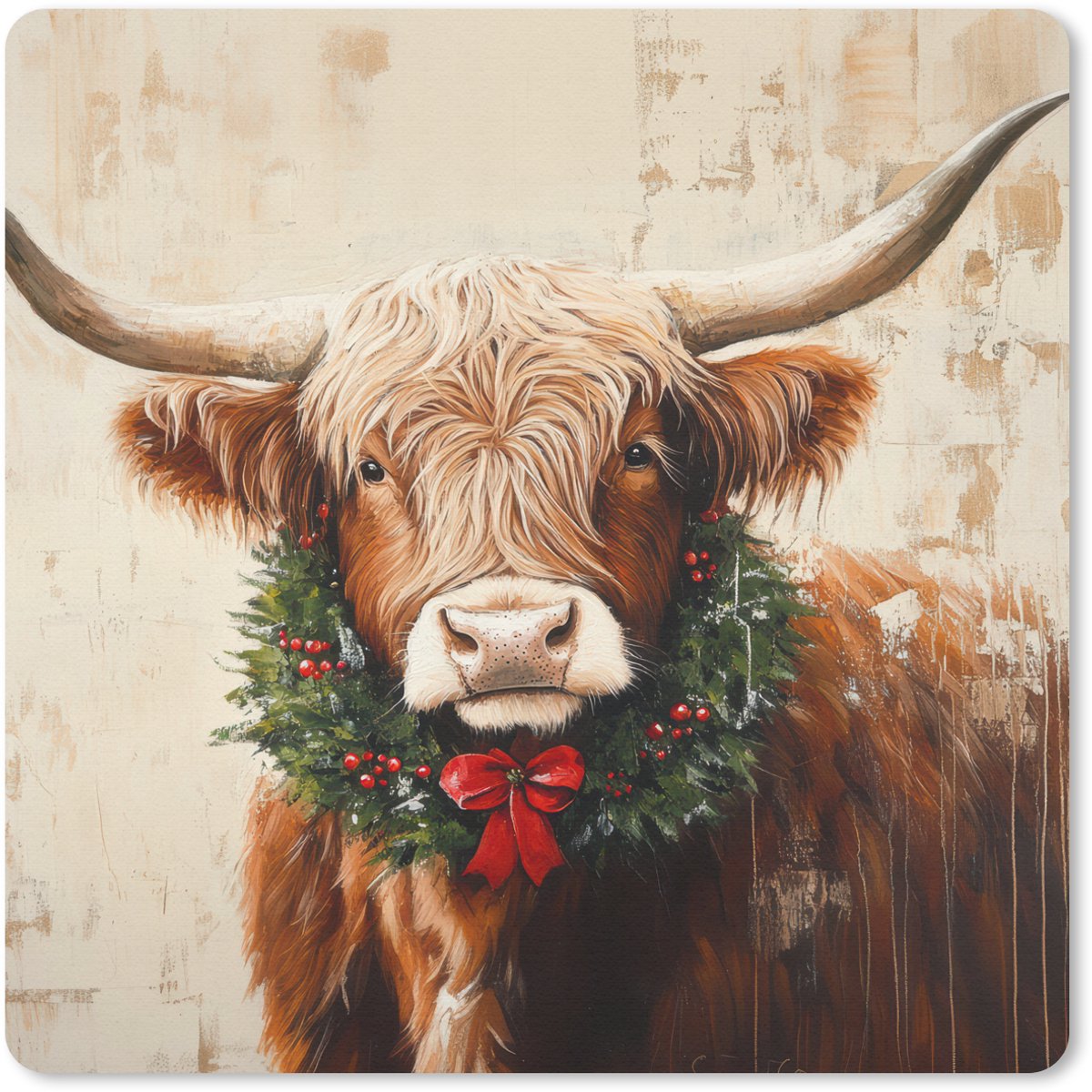 Muismat 30x30 cm - Mousepad Kerst - Schotse Hooglander - Bruin - Krans - Muismatten