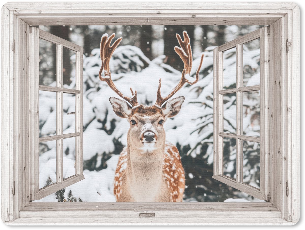 Muismat 23x19 cm - Mousepad Doorkijk - Hert - Sneeuw - Winter - Bos - Dieren - Natuur - Muismatten