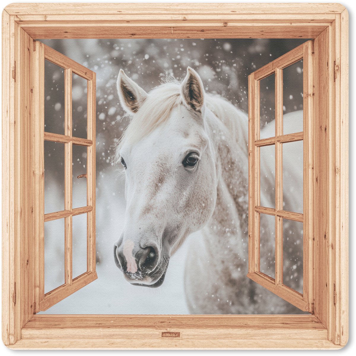 Muismat 20x20 cm - Mousepad Doorkijk - Paard - Wit - Winter - Sneeuw - Dieren - Muismatten