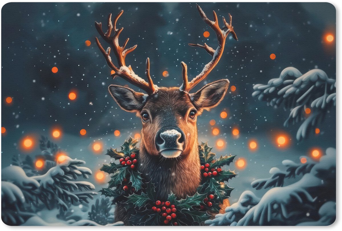 Muismat 27x18 cm - Mousepad Hert - Kerst - Winter - Sneeuw - Kerstkrans - Muismatten
