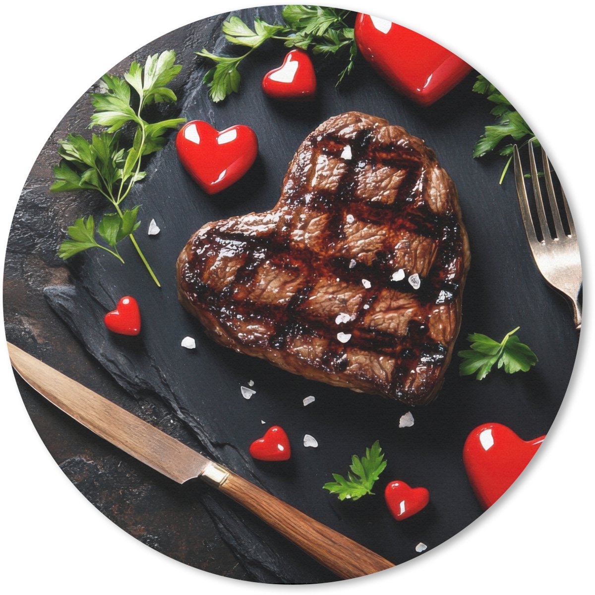 Muismat rond 30x30 cm - Mousepad Steak - Hart - Bestek - Ronde muismatten