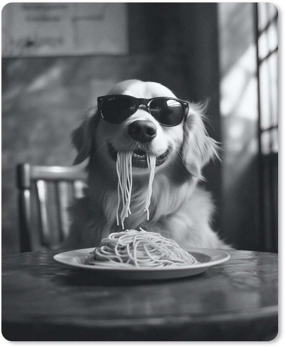 Muismat 19x23 cm - Mousepad Golden Retriever - Hond - Vrolijk - Bord spaghetti - Zwart - wit - Muismatten