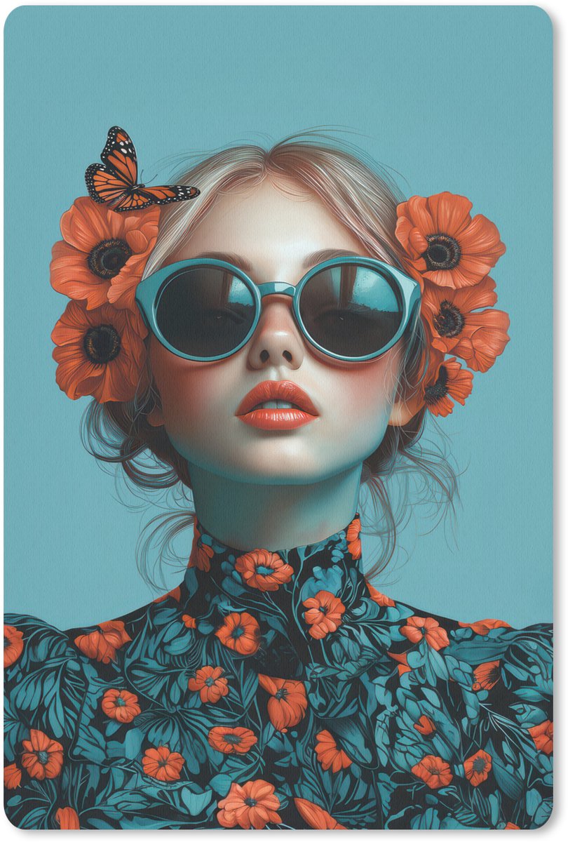 Muismat 18x27 cm - Mousepad Vrouw - Blauw - Vlinder - Bloemen - Aesthetic - Muismatten