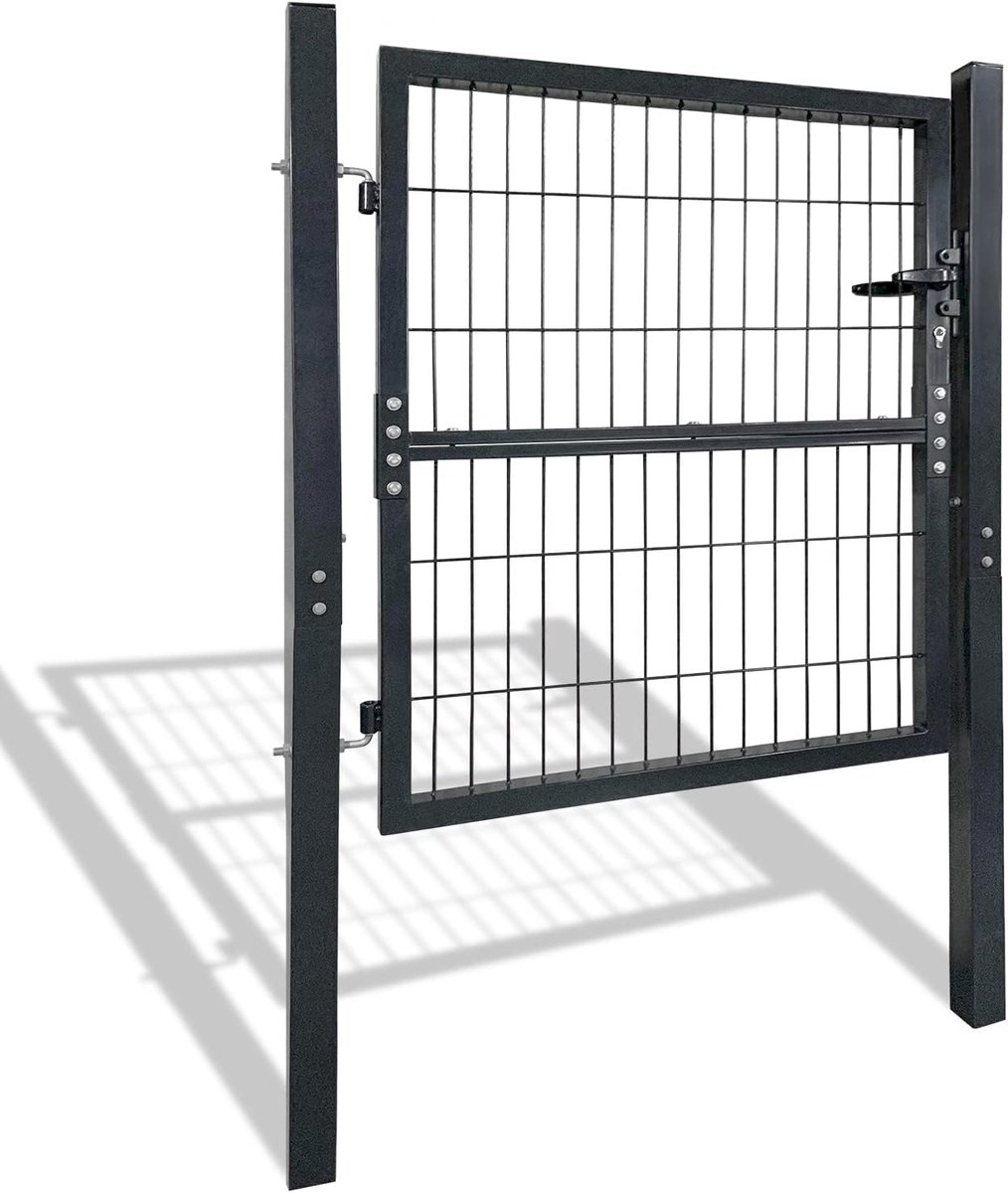 NAIZY Tuinpoort 100x100cm tuindeur verzinkt metaal dubbelstaafmat hek set antraciet vleugeldeuren incl. palen, slot, deurklink & sleutel staafmattenhek, hekpoort voor tuin erf