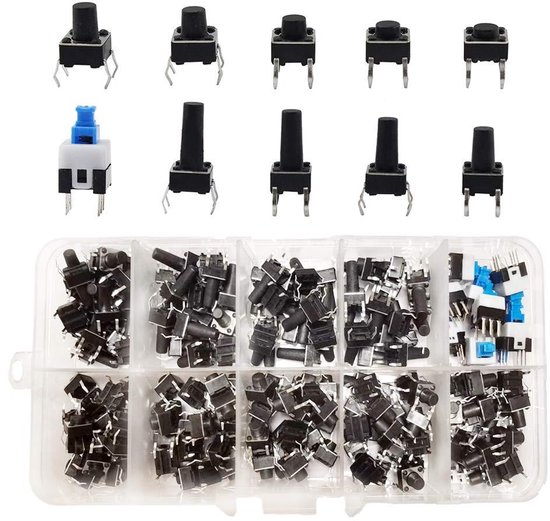 HAXIHA 375 stuks 6 x 6 mm zwarte tactiele druktoetsschakelaar, 4-pins microschakelaar met knopdeksel