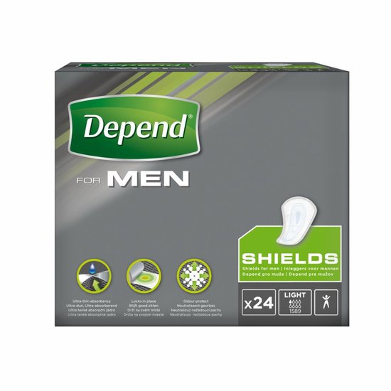 Depend for Men Shields verpakking met opengewerkt logo, twee shields en tekst. "Ultra-thin absorbancy", "Locks in place", "Odour protect".