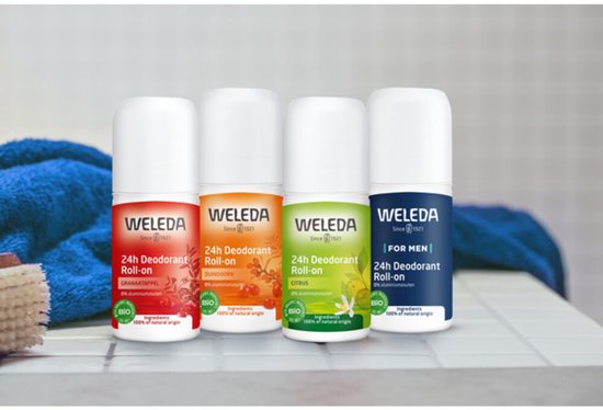 Vier WELEDA 24h Deodorant Roll-ons in verschillende geuren: Pomegranate, Sea Buckthorn, Citrus en For Men.