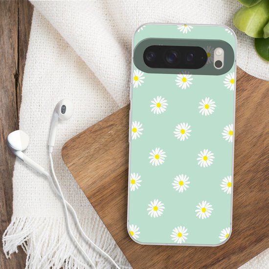 Telefoonhoesje Geschikt voor Google Pixel 9 Pro XL hoesje - Madeliefjes - Pastel - Wit - Groen - Bloemen patroon - Siliconen Telefoonhoesje Telefoonhoesje