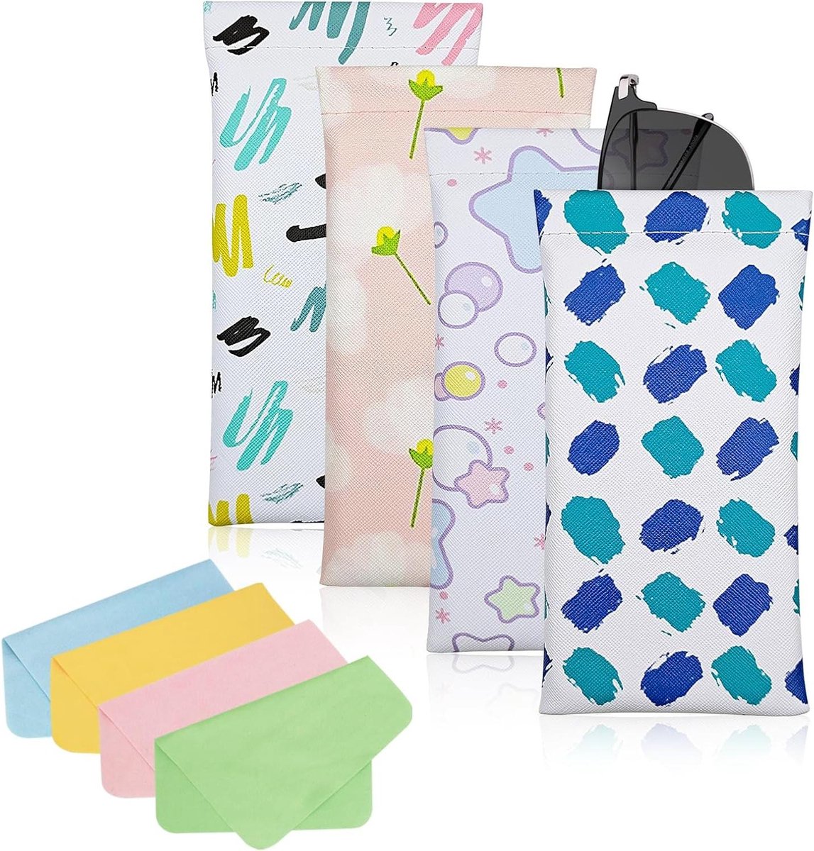 4 stuks zachte brillenkokers met 4 reinigingsdoekjes - Leren brillenkoker zonnebrillen etui compressie automatisch sluitend voor dames en heren