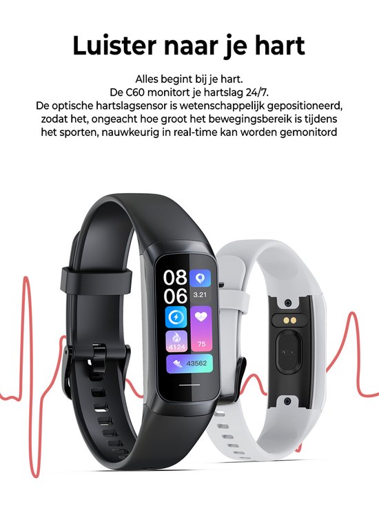 Evy24 Activity Tracker Amoled - Stappenteller - Bloedruk - Hartslagmeter - Slaapmonitor - Saturatiemeter – Sporthorloge - Smartwatch - Activity Tracker - Zwart