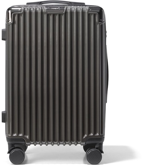 Vooraanzicht van een donkergrijze Voyagoux handbagagekoffer met verticaal ribbelpatroon en vier wielen.