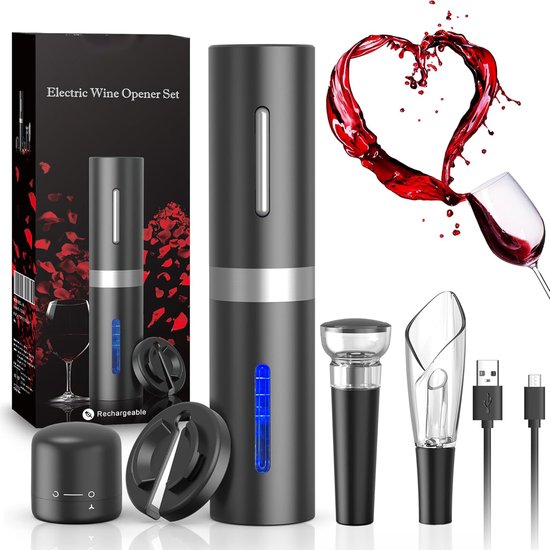 Zwarte elektrische kurkentrekker en accessoires. Inclusief dop, beluchter, vacuümsluiting, USB-kabel.