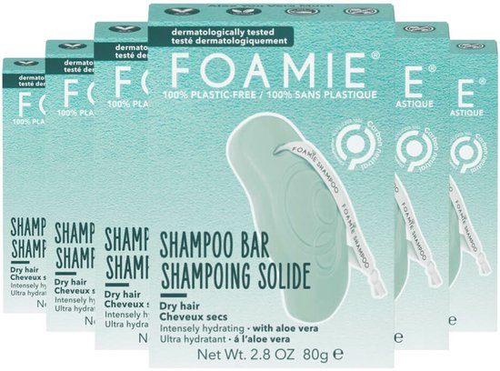 Groep van kartonnen verpakkingen van Foamie shampoo bar voor droog haar.