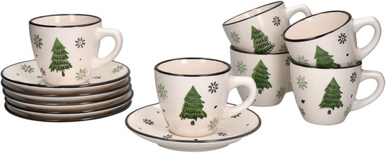 Set de 6 tasses à café sapin de Noël avec soucoupe en porcelaine pour 6 personnes