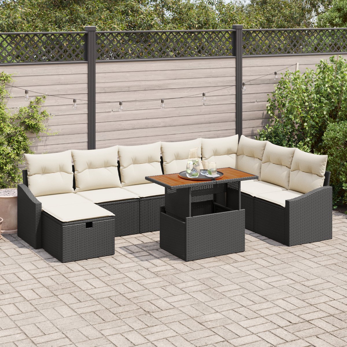 vidaXL - Tuinbank - Set - 9 - pcs - Zwart - poly - rattan