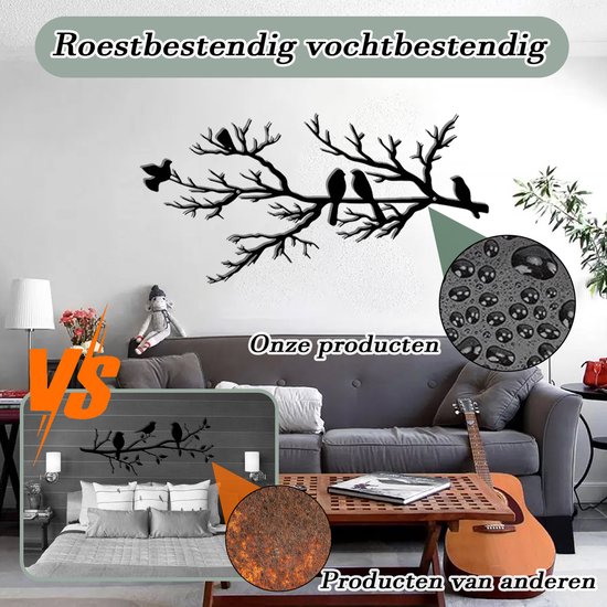 Décoration murale en métal oiseau - silhouette de branche d'arbre - à suspendre - pour balcon, jardin, salon - décoration - famille - noir - 43x18,6cm - 1 pièce