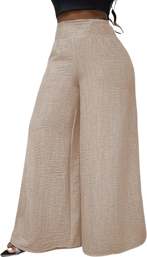 Enmain Linnen broek voor dames, zomer, licht, breed, elastische broek met hoge taille met zakken voor strand en vrije tijd, Wit, L