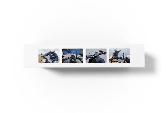 Collage van motorrijders met actioncams.