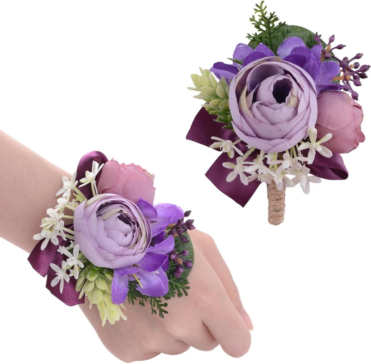 Paarse Kunstmatige Corsage en Boutonnière Set - Rozen Pols Corsage Armband voor Prom, Bruiloft, Bruidsmeisje