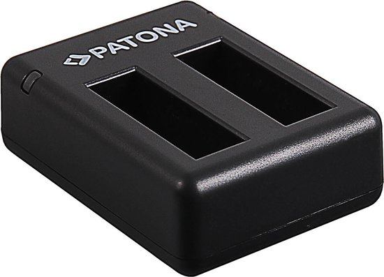 Zwarte PATONA dubbele batterijlader met twee sleuven en de tekst "PATONA" aan de bovenkant.