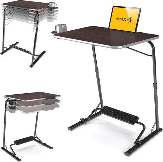 Opvouwbare laptoptafel voor bank - houten draagbare computertafel en overbed kleine tafel, verstelbare hoogte, kantelhoek, voetsteun, bekerhouder, tablethouder (Black - Dark Wood