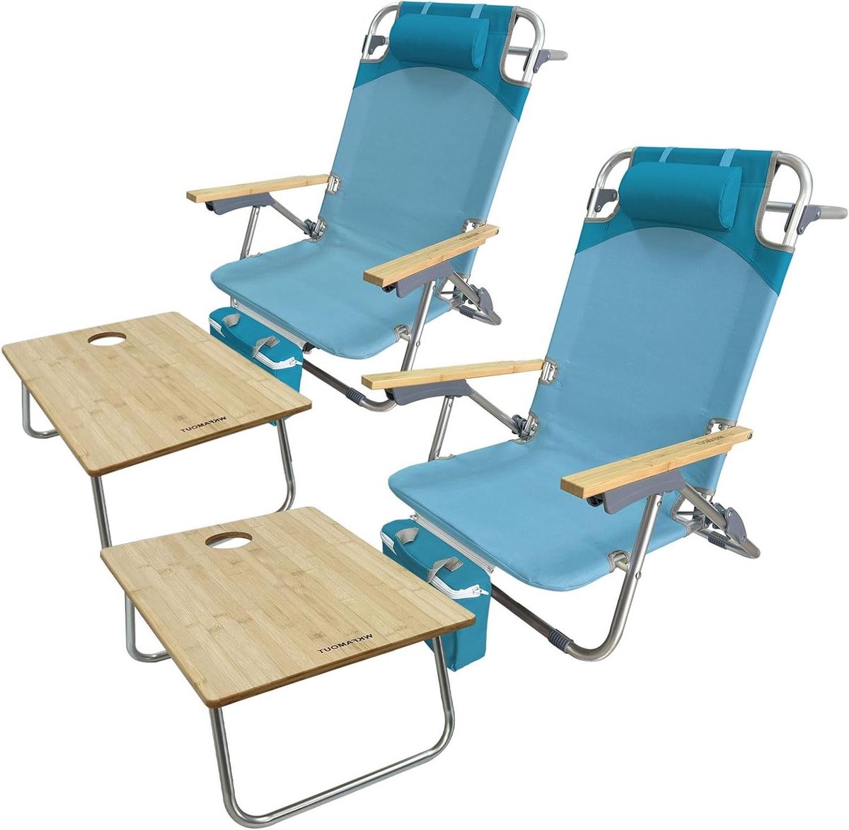 Opvouwbare strandstoelen - Set van 2 - 5 verstelbare posities - Met klaptafel van bamboe en koeltas - Voor camping strand tuin - Cyaan