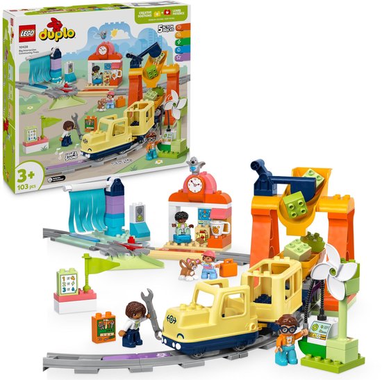 LEGO Duplo set 10428 Grote interactieve buurttrein, tentoongesteld met alle onderdelen.