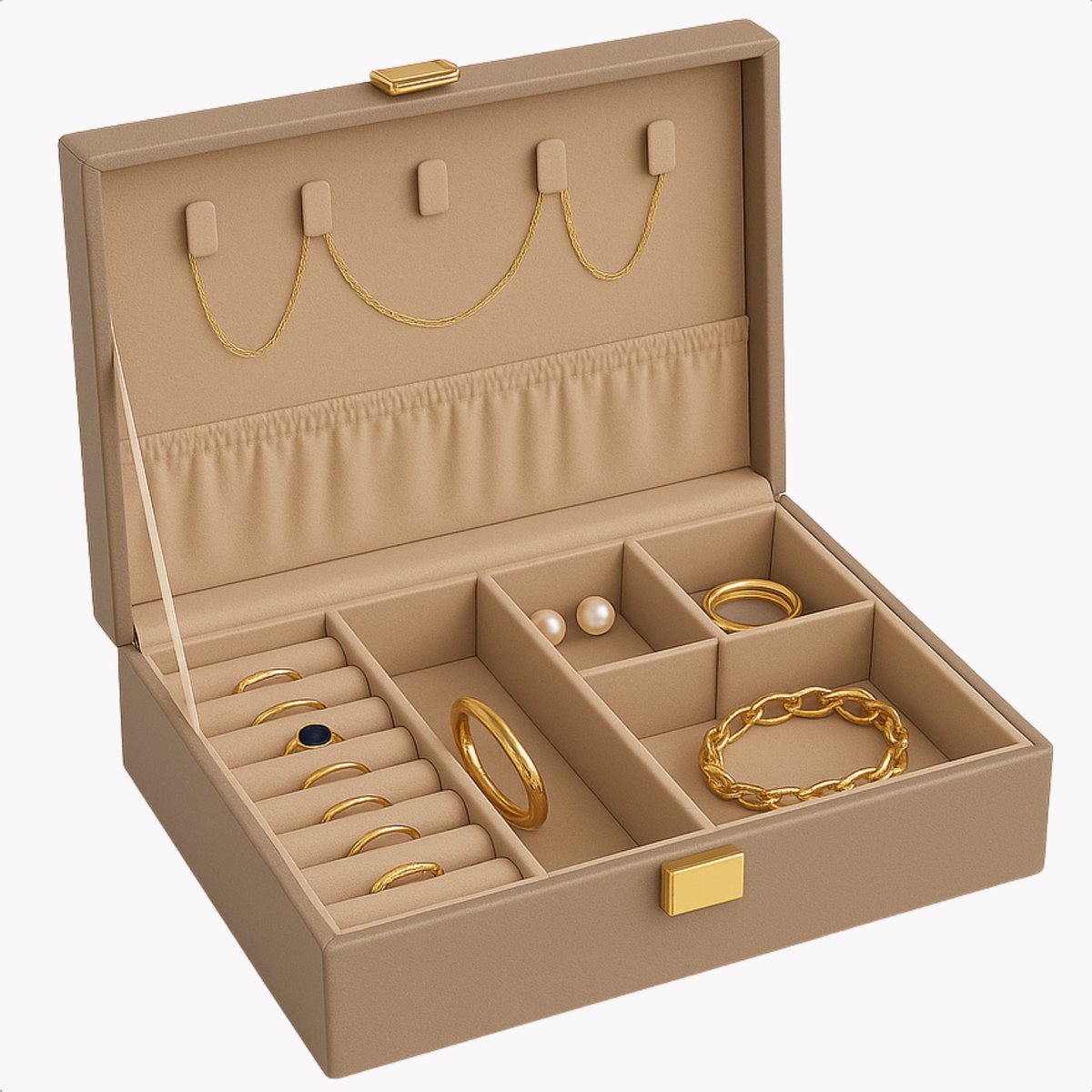 Cheqo® Sieradendoos Kunstleer - Bijouteriedoos - Sieradenkoffer - Juwelendoos - Sieraden Organizer - Taupe - Sieraden Doos - Sieradendoosje Met Kettinghaakjes en Ringklemmen