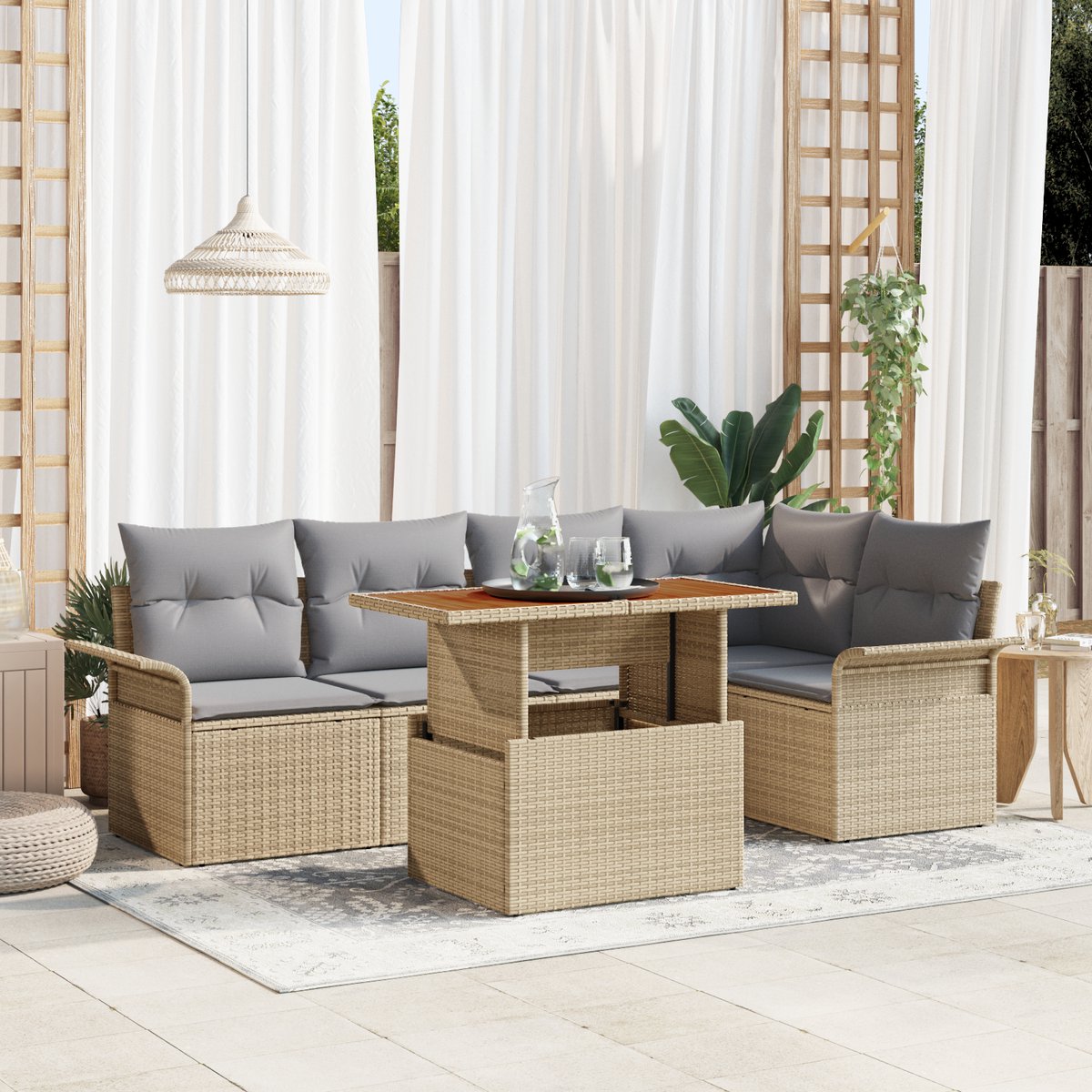 vidaXL - Tuinbank - Set - met - kussen - 6 - pcs - beige - en - lichtgrijs