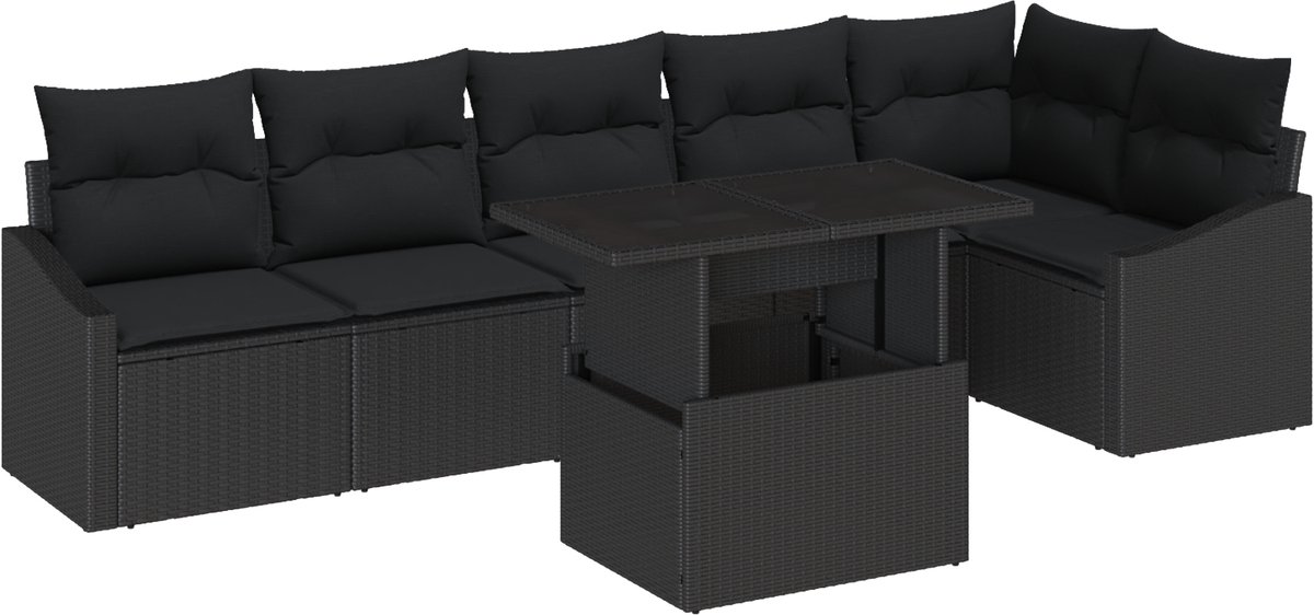 vidaXL Tuinbank - Set - 7 - st - Zwart - poly - rattan
