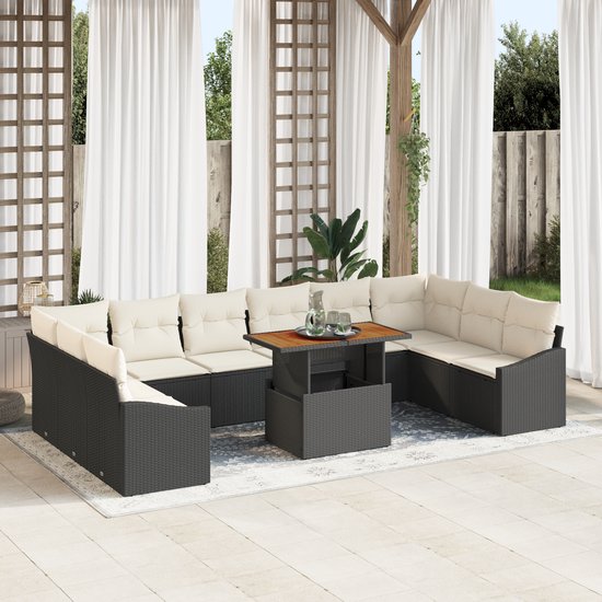 vidaXL - 11-delige - tuinset - met - kussens - - - zwart - poly - rattan - en - acacia
