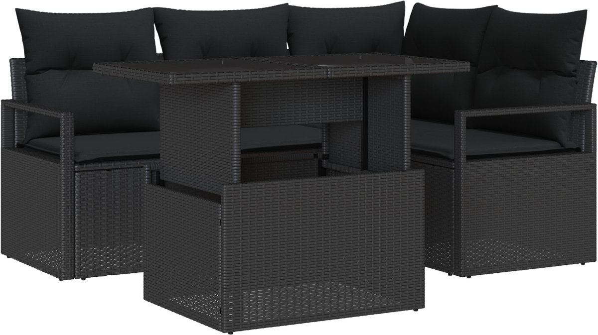 vidaXL Tuinbank - Set - 5 - st - Zwart - Poly - rattan