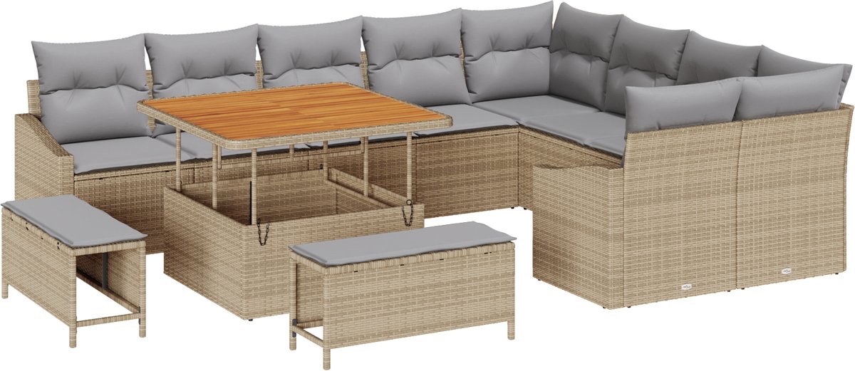 vidaXL - Tuinbank - Set - met - kussen - met - opslag - 12 - pcs - Beige - Poly - rattan