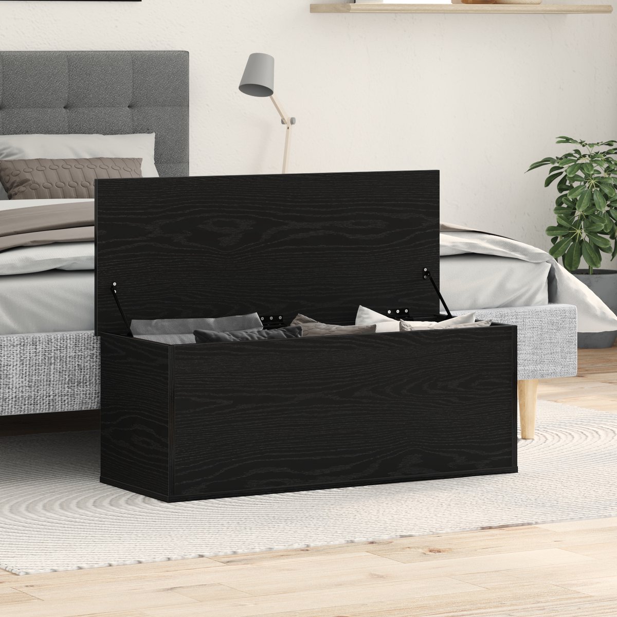vidaXL - Opslagdoos - met - opslag - Zwart - Eiken - 102 - x - 35 - x - 35 - cm - Bewerkt - hout