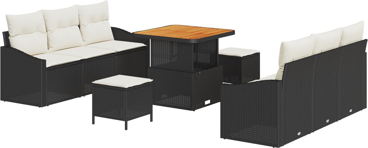 vidaXL - Tuinbank - Set - met - kussen - 9 - pcs - Zwart - poly - rattan