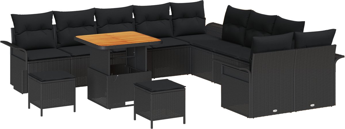 vidaXL - Tuinbank - Set - met - kussen - 13 - pcs - Zwart - poly - rattan