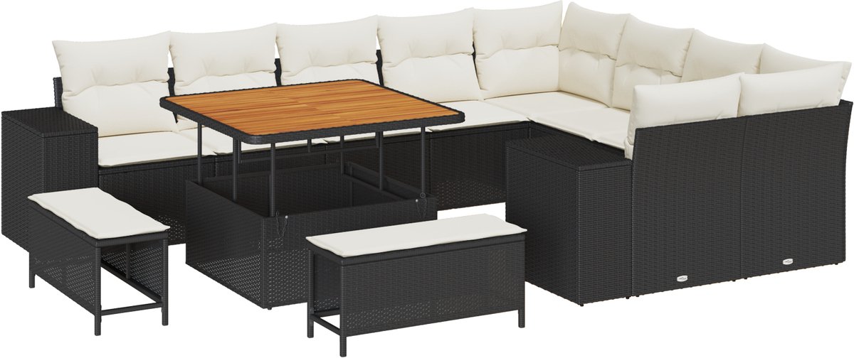 vidaXL - Tuinbank - Set - met - kussen - 12 - pcs - Zwart - poly - rattan