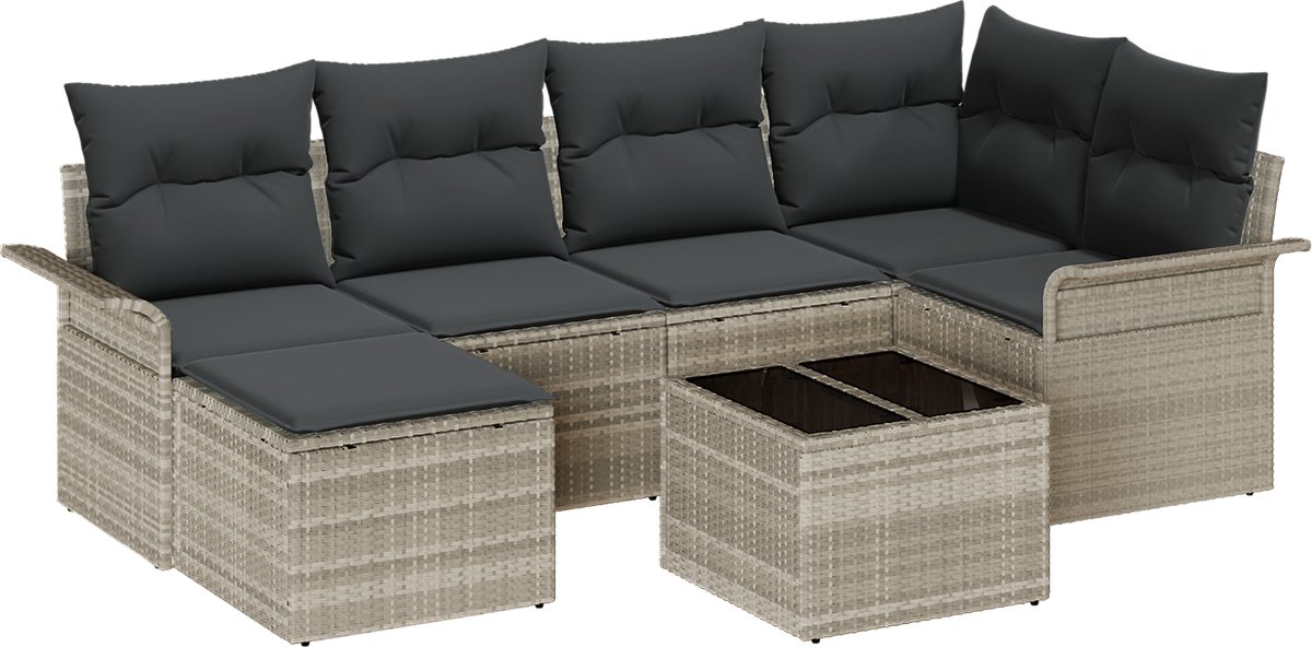 vidaXL - Tuinbank - Set - met - kussen - 7 - pcs - Lichtgrijs - Poly - rattan