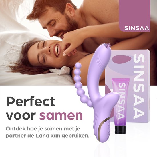 Paars vibrator, glijmiddel en giftbox. Op de achtergrond een lachend koppel. "Perfect voor samen", "Ontdek hoe je samen met je partner de Lana kan gebruiken."