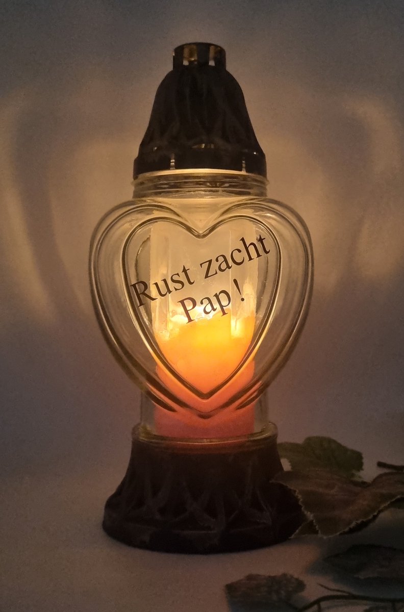 Herdenkingslicht - Rust zacht Pap! - P39a - Goud - Transparant glas - Grafkaars - Graflicht - Graflantaarn - Windlicht