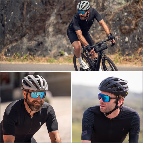 Collage van een man die fietst en een man die fietst met helm, beiden dragen een zwarte outfit en fietsbril.