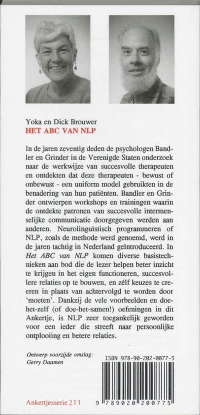 Achterkant van het boek 'Het ABC van NLP' met foto's van Yoka en Dick Brouwer.