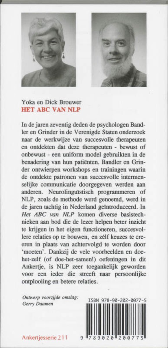 Achterkant van het boek 'Het ABC van NLP' met foto's van Yoka en Dick Brouwer.