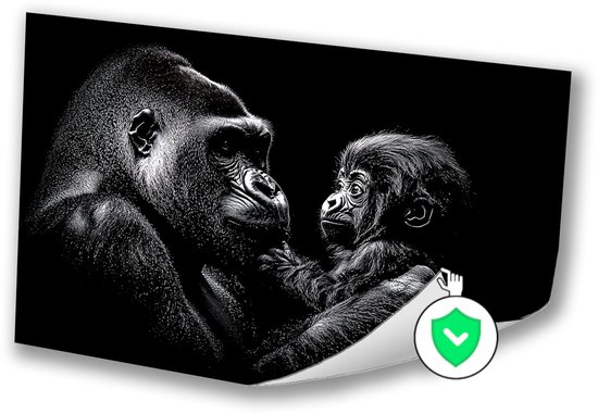 Zwart-wit gorilla moeder en jong - Apen posters - Poster gorilla's - Hyperrealisme - Poster decoratie - Kunst - poster 100x70 cm