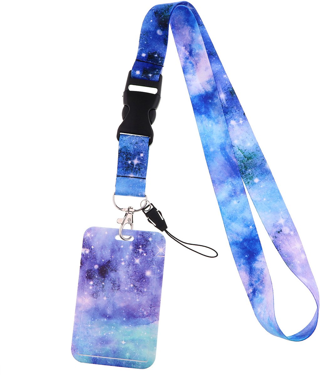 Travel Cords - keycord met pashouder Galaxy Blauw - uitschuifbaar - galaxy - eenzijdig transparant venster - lanyard - passen, sleutels en telefoon - met telefooncord - hardcase