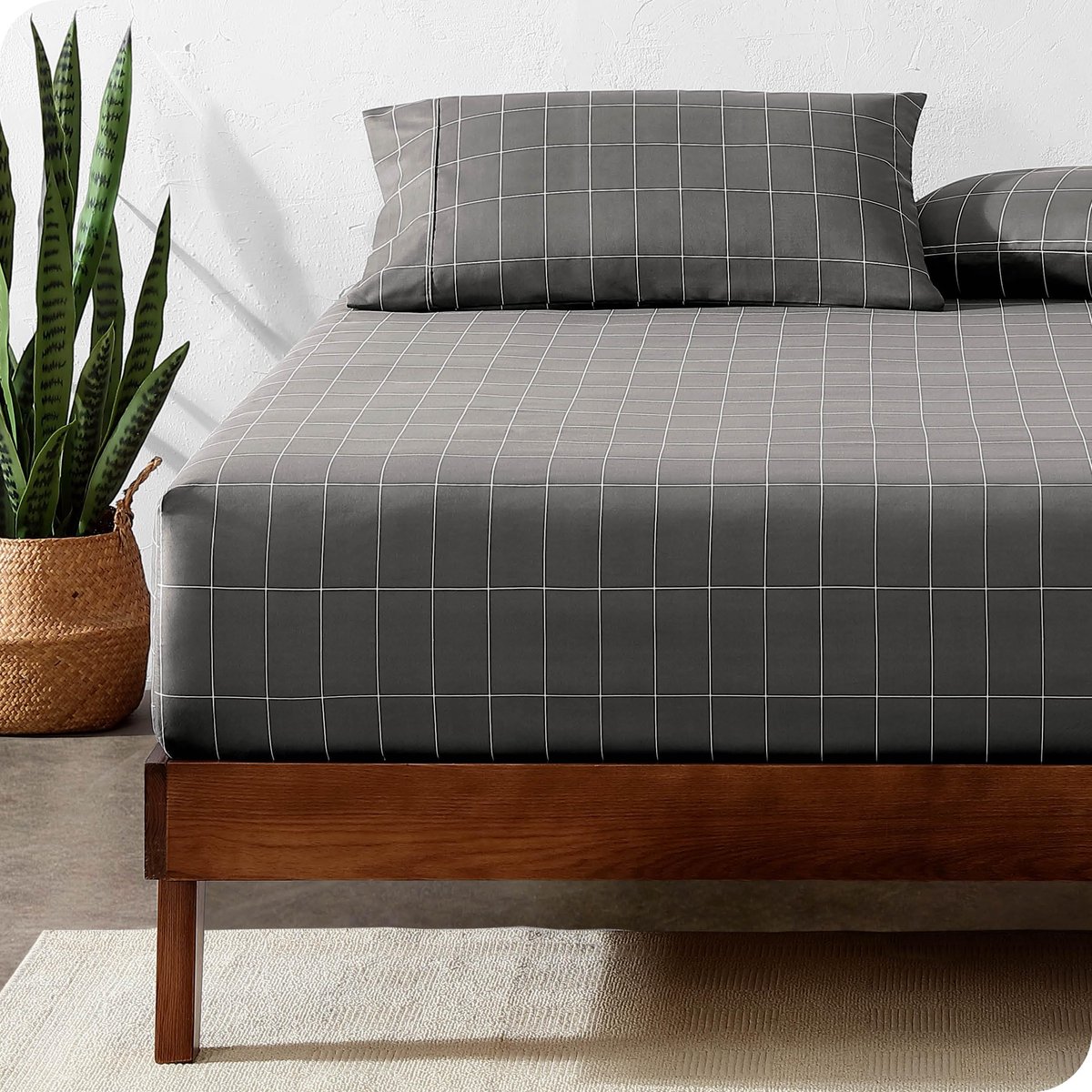 Ibenzoa Hoofdkussenhoes Premium 1800 Geborsteld Polyester Microvezel Extra Zacht, Kleurbestendig, Vlekbestendig, Diepe Zakken 200 x 200, Grid Grijswit